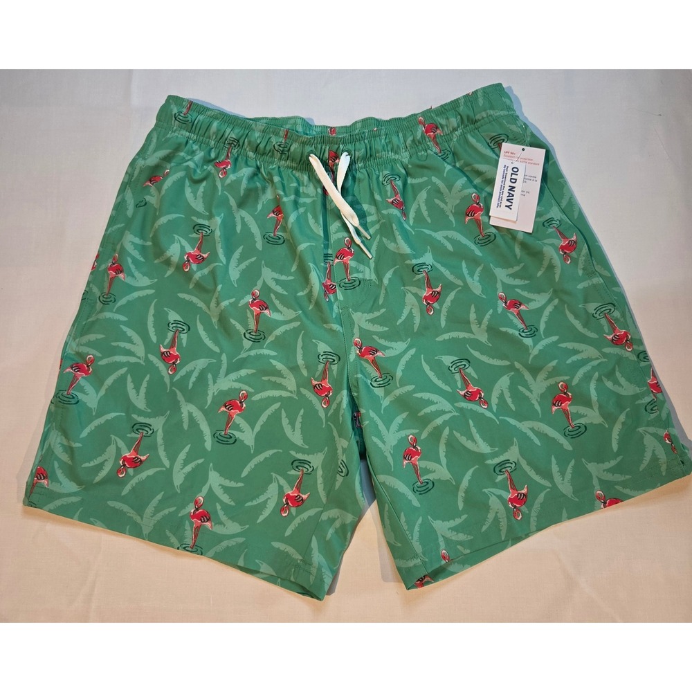 Old Navy Mens Green Flamingo Palm Print Swim Trunks 7 Inch Inseam Medium NWT